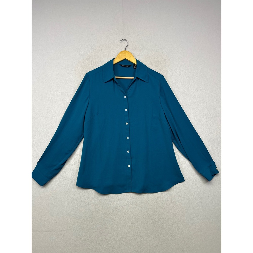 Professional Susan Graver Womens Medium Teal Blue Button Down Blouse Office